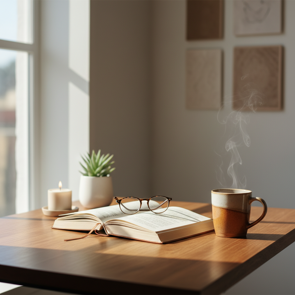 Ein ruhiger, aufgeräumter Schreibtisch mit einem geöffneten Buch, einer Tasse und natürlichem Seitenlicht – Symbol für konzentriertes, reflektiertes Arbeiten