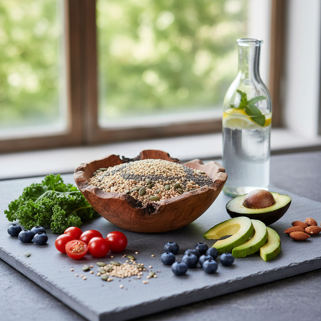 Ein ruhiges, natürliches Arrangement von frischen Lebensmitteln und einer Holzschüssel auf einer Steinoberfläche – Symbolbild für bewusste Ernährung