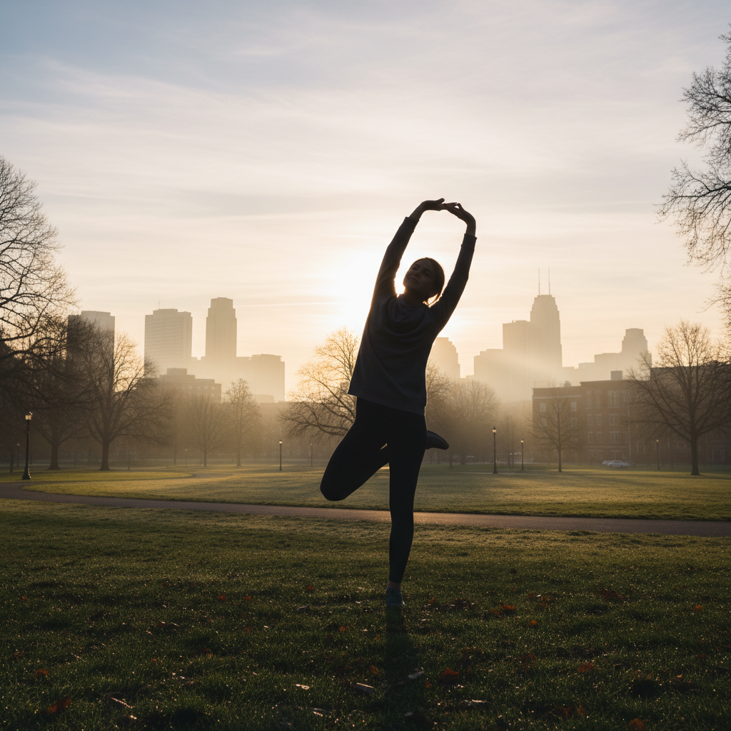 Eine Person in Silhouette beim Dehnen in einem Stadtpark bei Morgenlicht – Darstellung von Bewegung im Alltag ohne extreme sportliche Geste