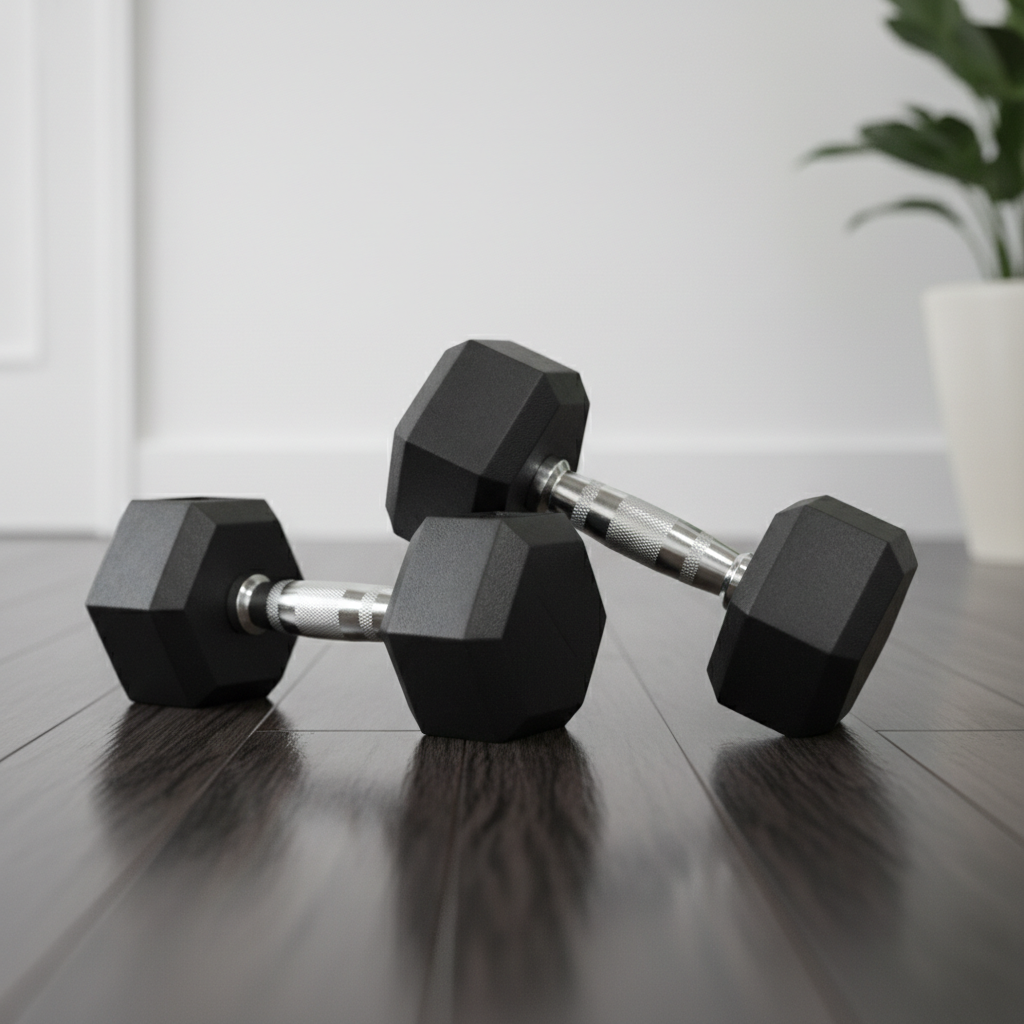 Zwei Hanteln auf einem dunklen Holzfußboden in minimalistischer, ruhiger Komposition – Darstellung von funktionalem Training